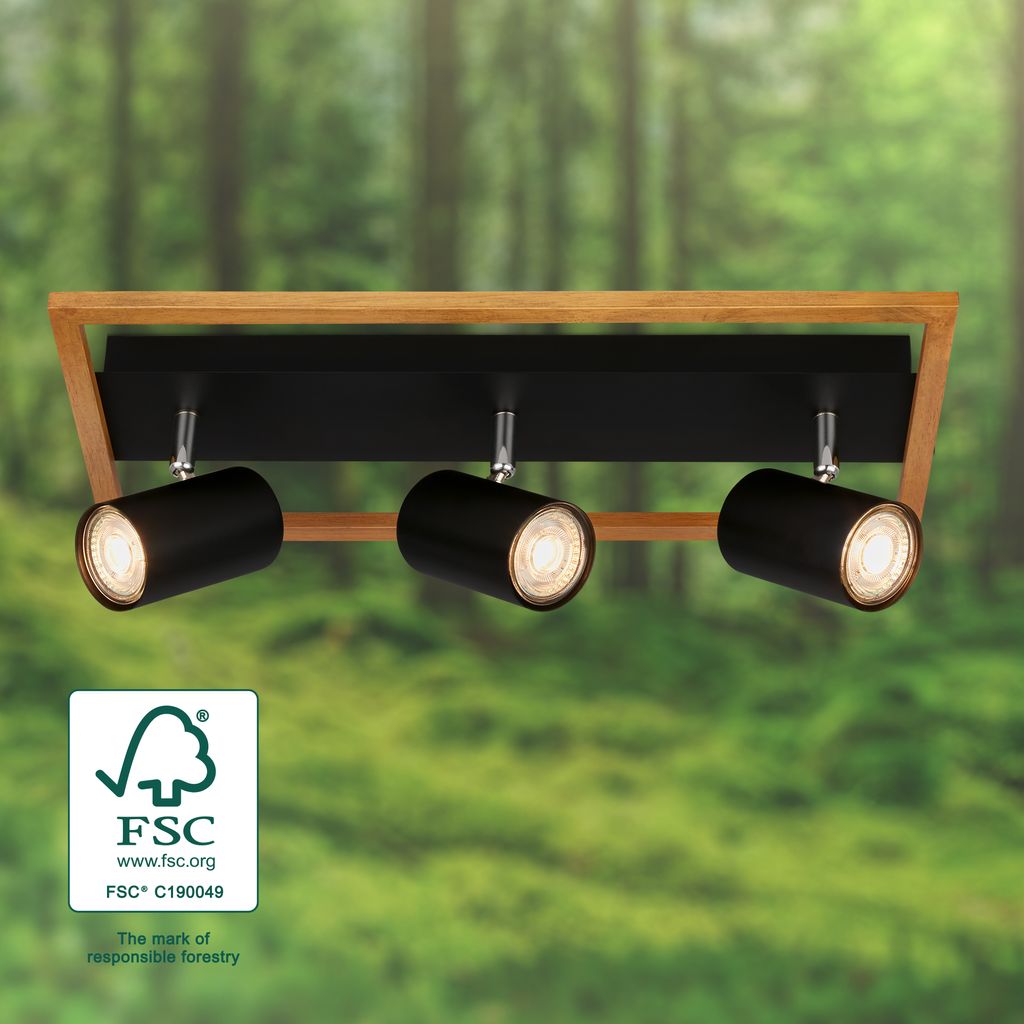 Briloner Frey Deckenstrahler, schwenkbar, 3-flammig, Holz, Schwarz