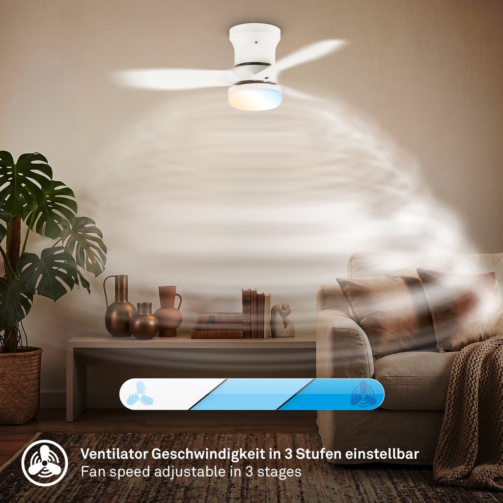 Pan Deckenventilator mit Beleuchtung - 15W, 1700lm, 3 Geschwindkeiten, CCT, Dimmbar, Weiß