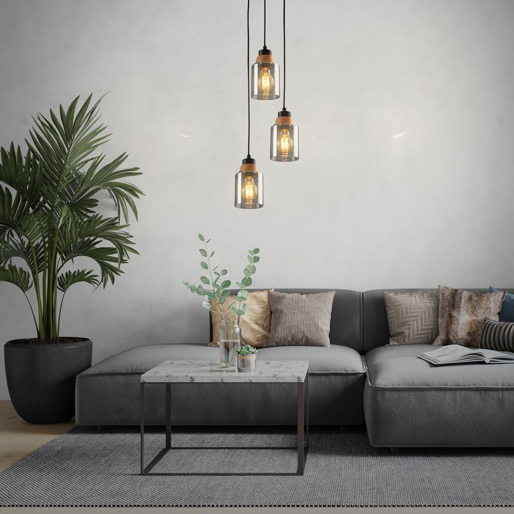 Pendant light. with wood. smoked glass. 3xE27/max. 5