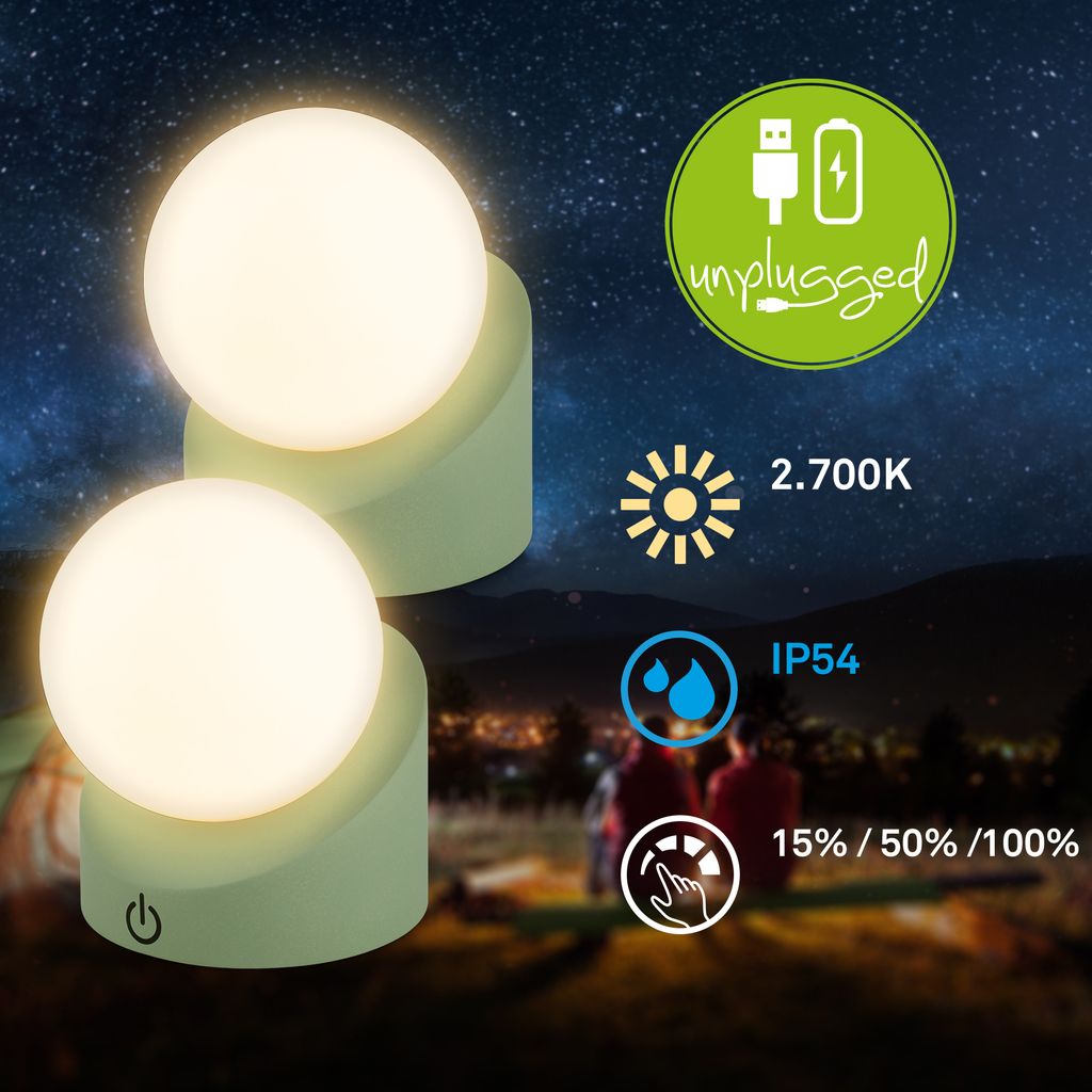 Sora Mini LED Tischlampe kabellos IP54, Dimmbar, Touch, 2er Set, Grün