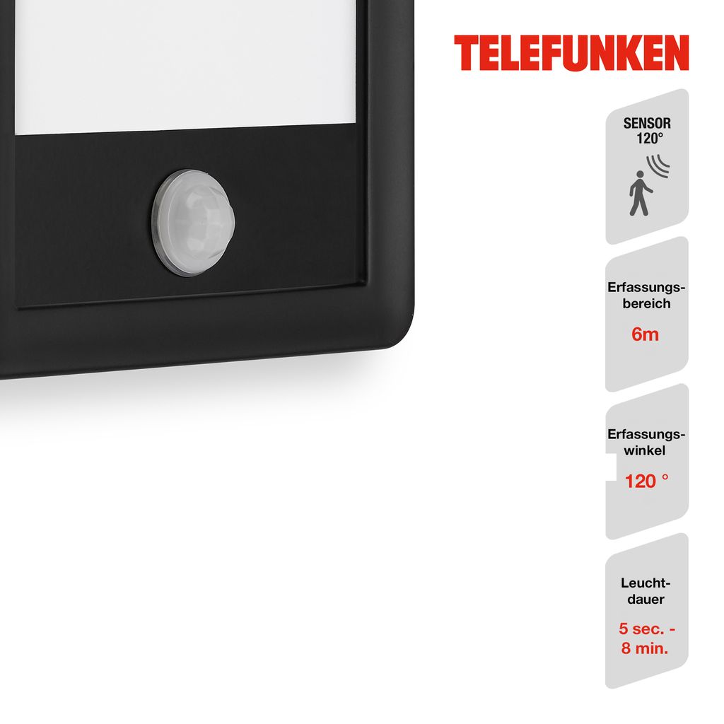 Sensore a LED Telefunken Lampada da parete da esterno, 28 cm, 16 W, nero