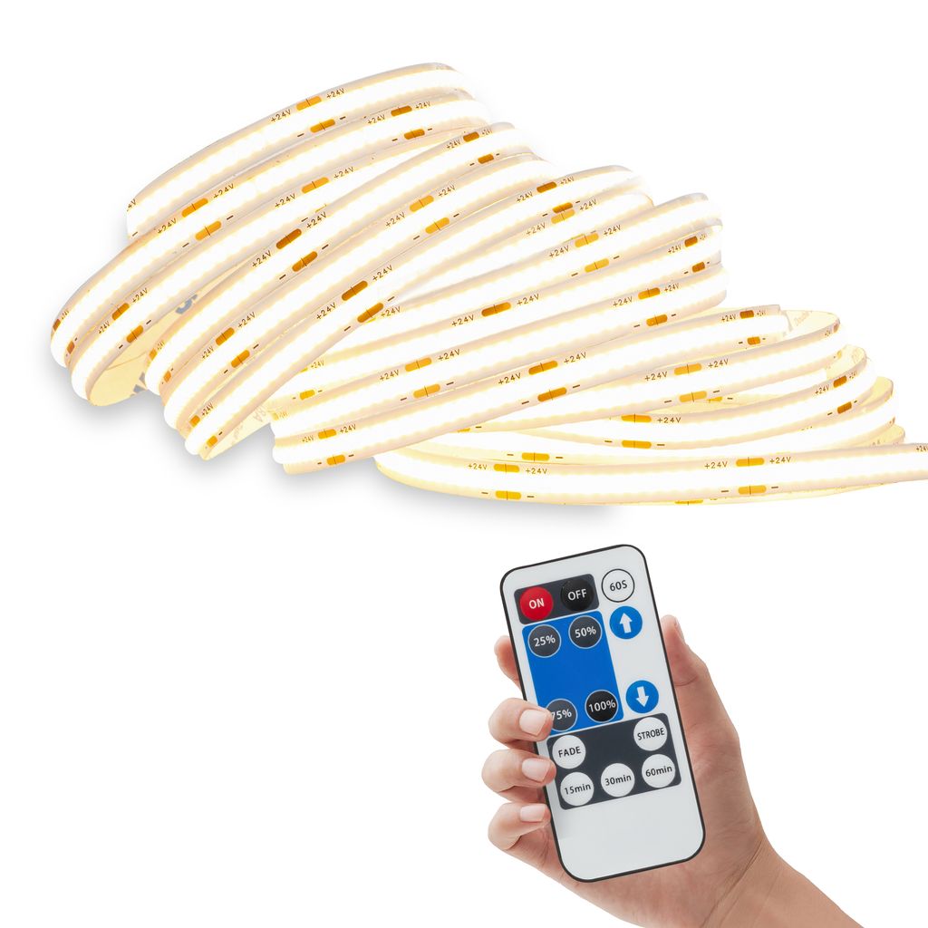 COB LED Streifen 5 m - Dimmbar, Fernbedienung, Warmweiß, Kürzbar, Weiß
