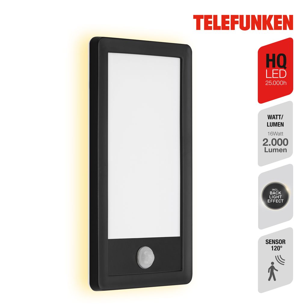 Sensore a LED Telefunken Lampada da parete da esterno, 28 cm, 16 W, nero