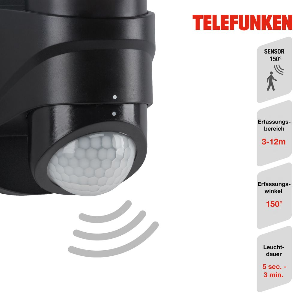 LED Außenleuchte Bewegungsmelder IP44 16W schwarz Kunststoff Telefunken 5
